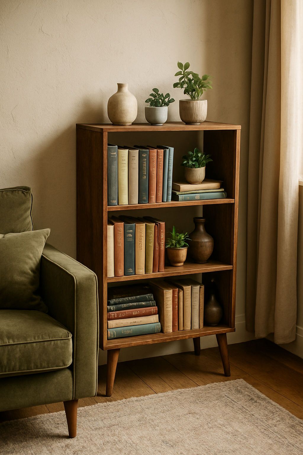Vintage wooden bookshelf styled with books