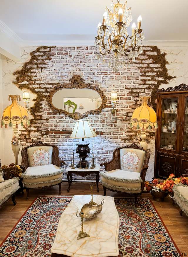 Vintage brass table lamp in a cozy living room with warm lighting