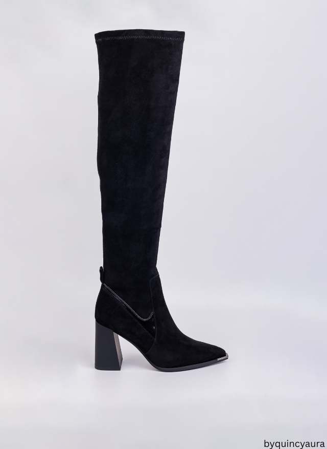 black knee-high leather boots.