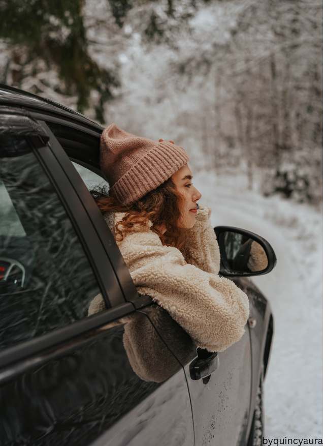 Beige knit beanie styled with coat