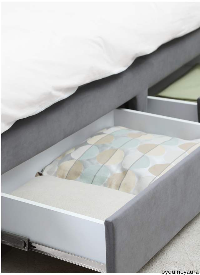 Small storage ottoman or bed with drawers in a tidy and stylish tiny bedroom