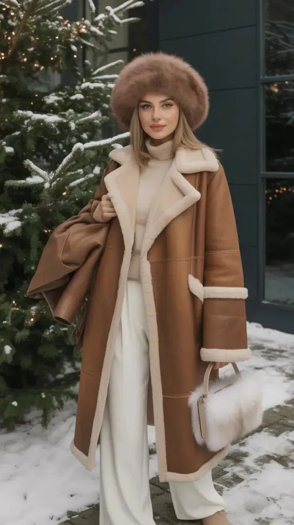 Woman wearing brown shearling coat