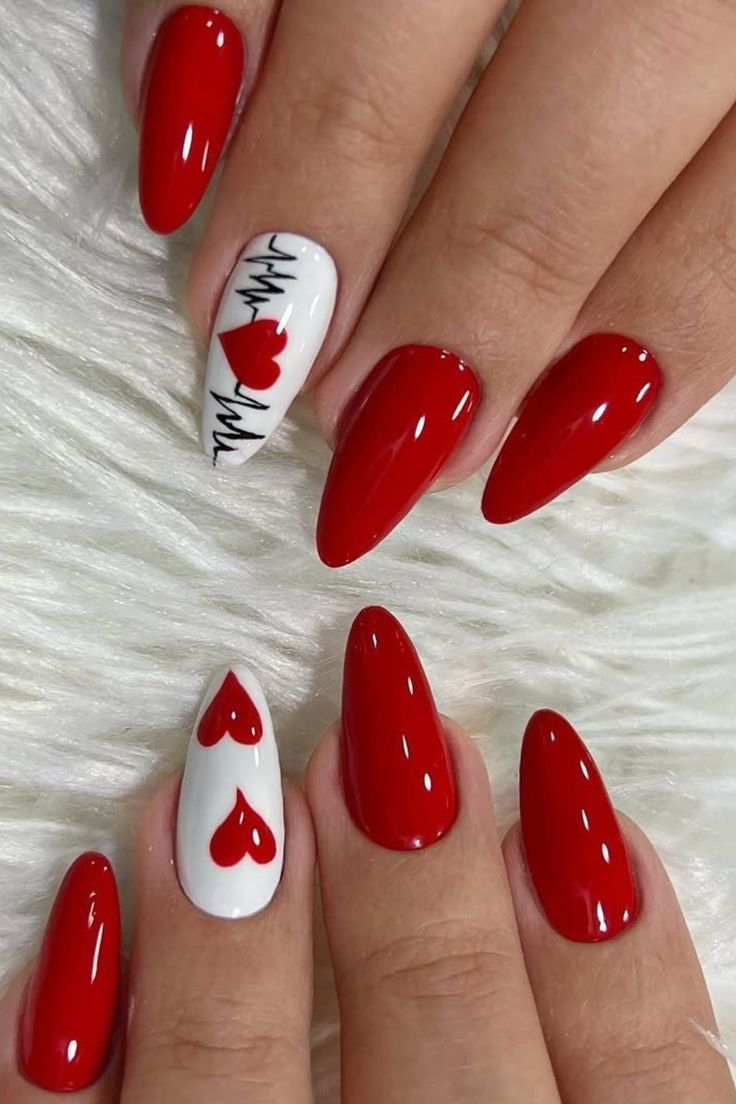 red and white heartbeat nails
