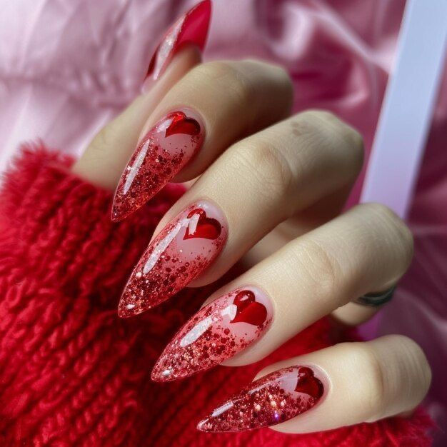 red coffin nails with heart confetti for trendy Valentine’s Day nail ideas