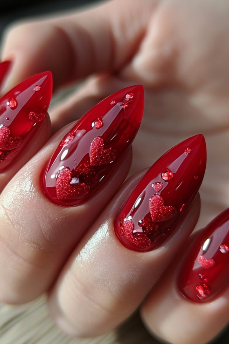 Glossy red 3D heart nails for fun Valentine’s Day nail ideas