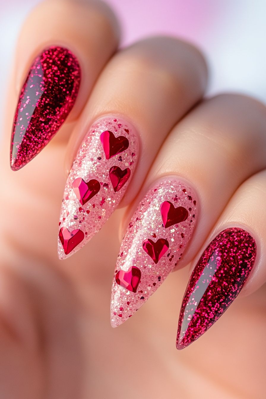 Pink glitter nails with red metallic hearts