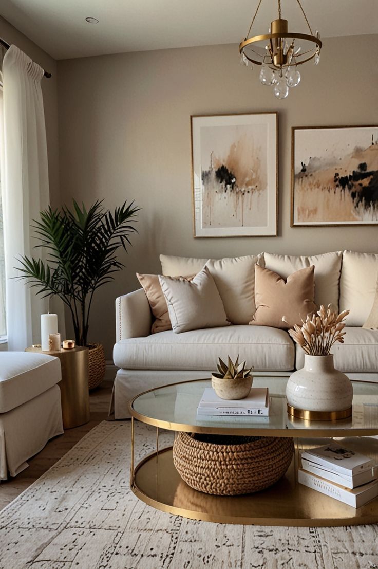 A small living room with a neutral accent wall and modern décor