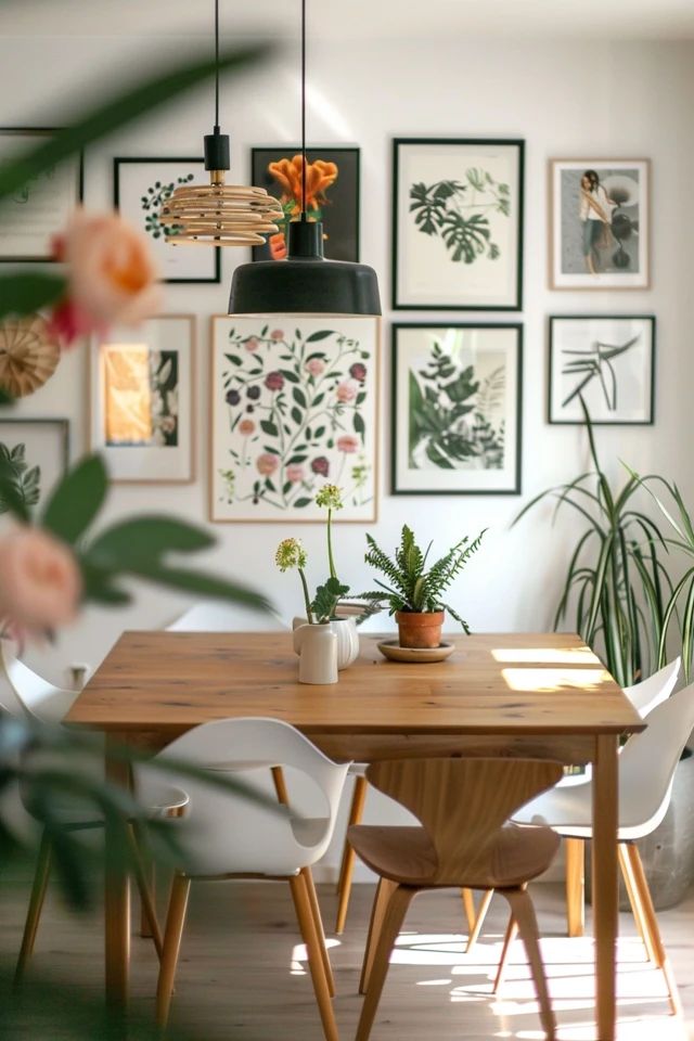 Small dining room with a vase of fresh green leaves on the table