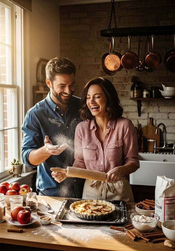 A couple cooking together in a bright kitchen