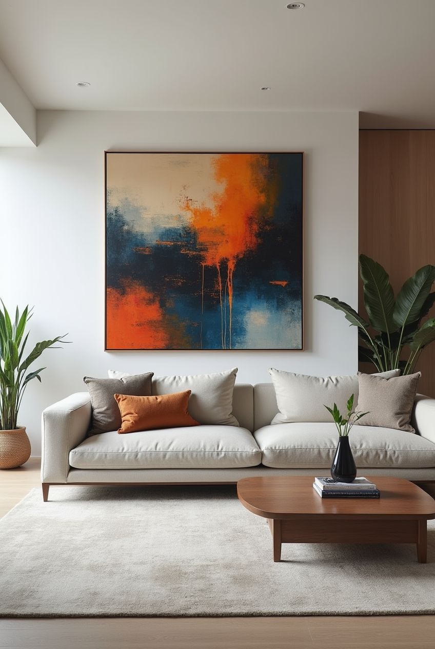 A small living room with one oversized abstract art piece above the sofa.