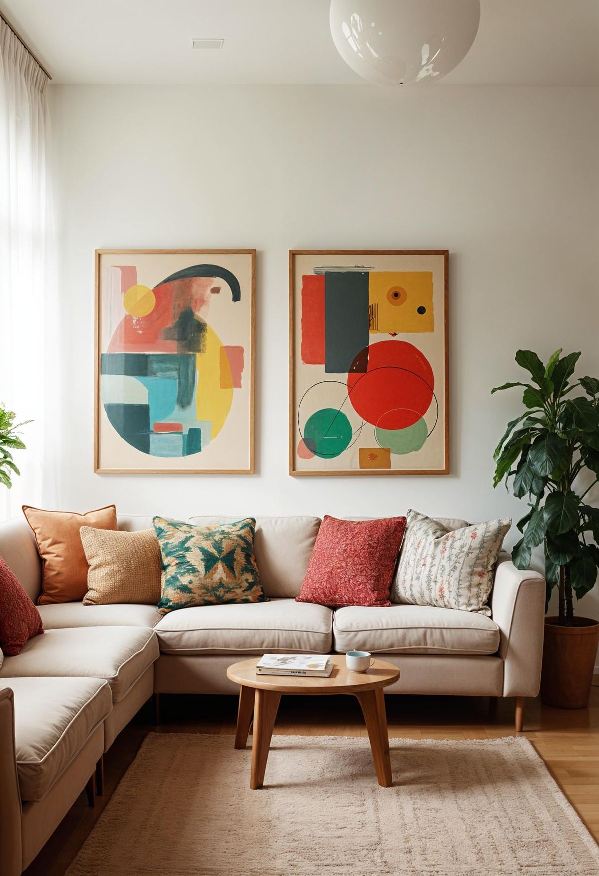 Small living room with a large framed artwork above the sofa.