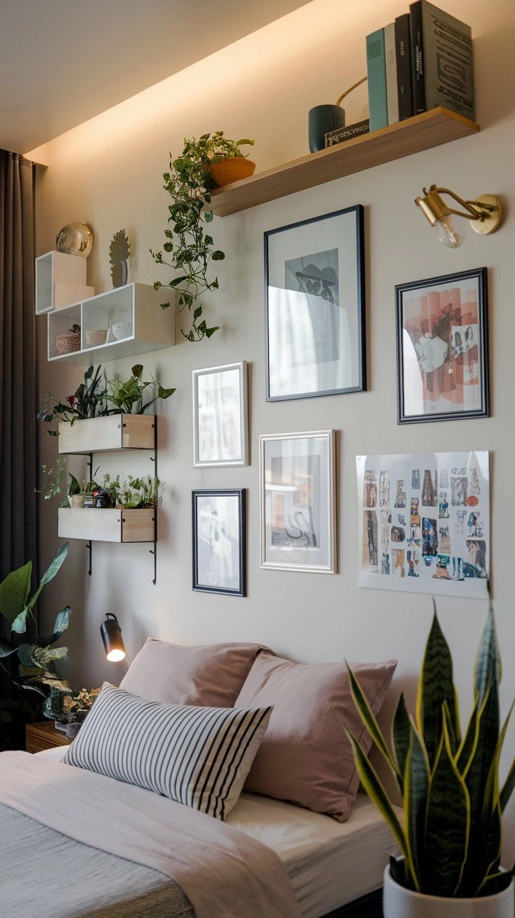 A small bedroom with a bold piece of wall art above the bed or a mini gallery wall. 