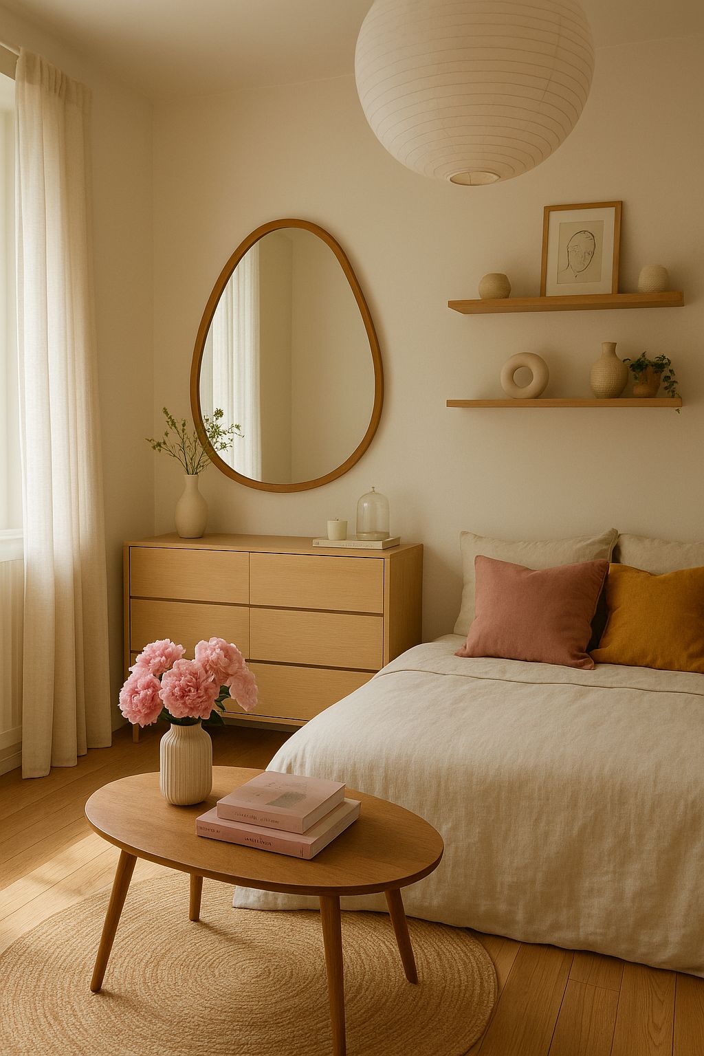 A small bedroom with a decorative wall mirror that reflects natural light. 
