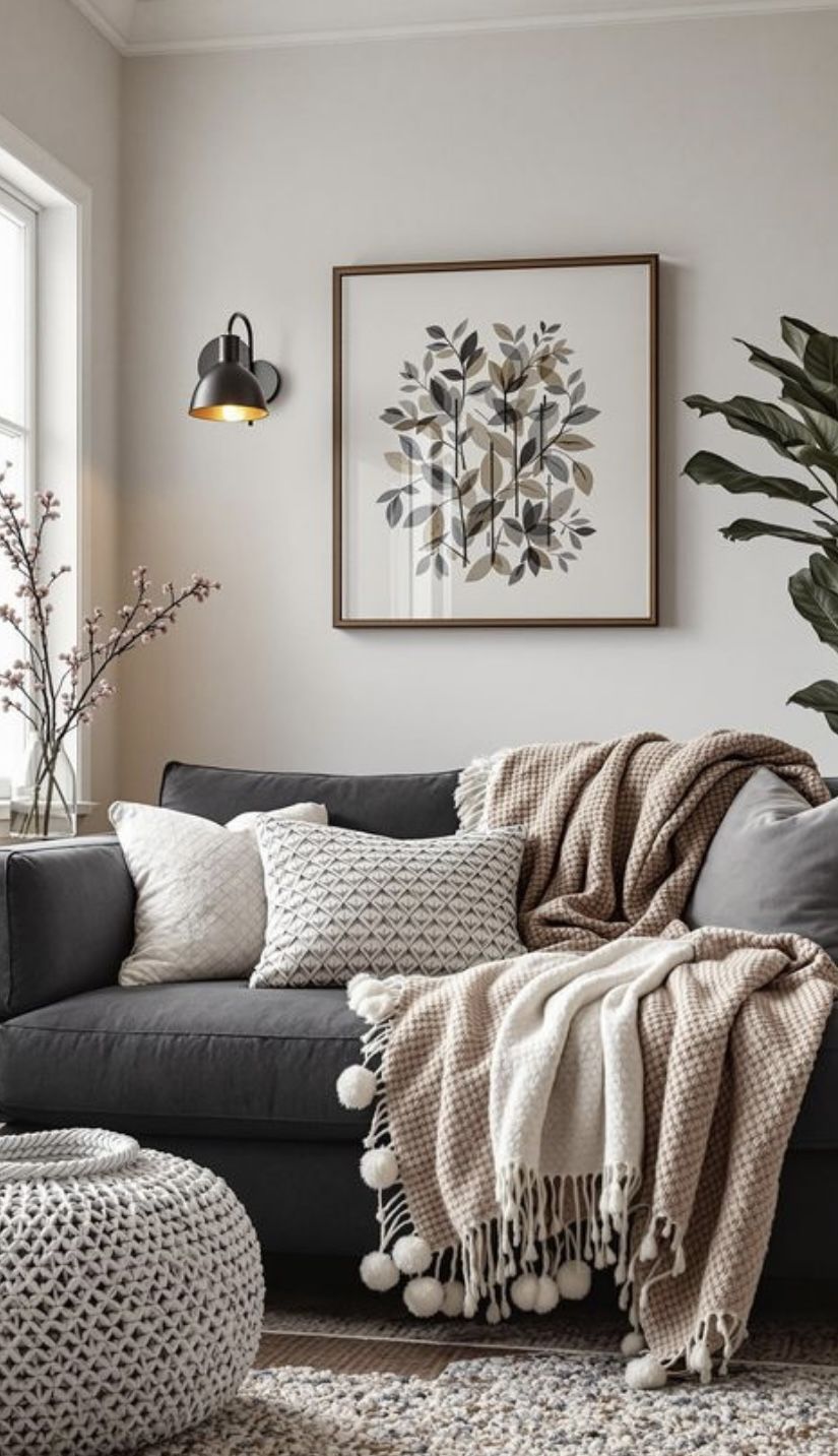 A small living room with a soft area rug, textured throw pillows, and a cozy blanket draped over the sofa.