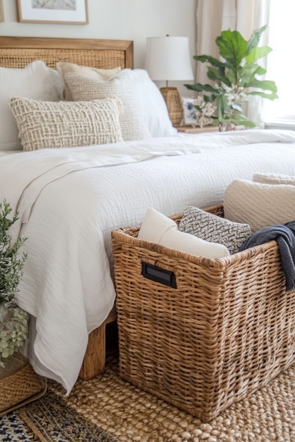 Small bedroom featuring a woven basket for storage