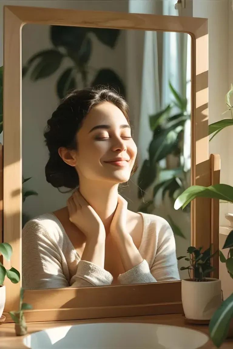 A lady smiling while staring at herself in a mirror.