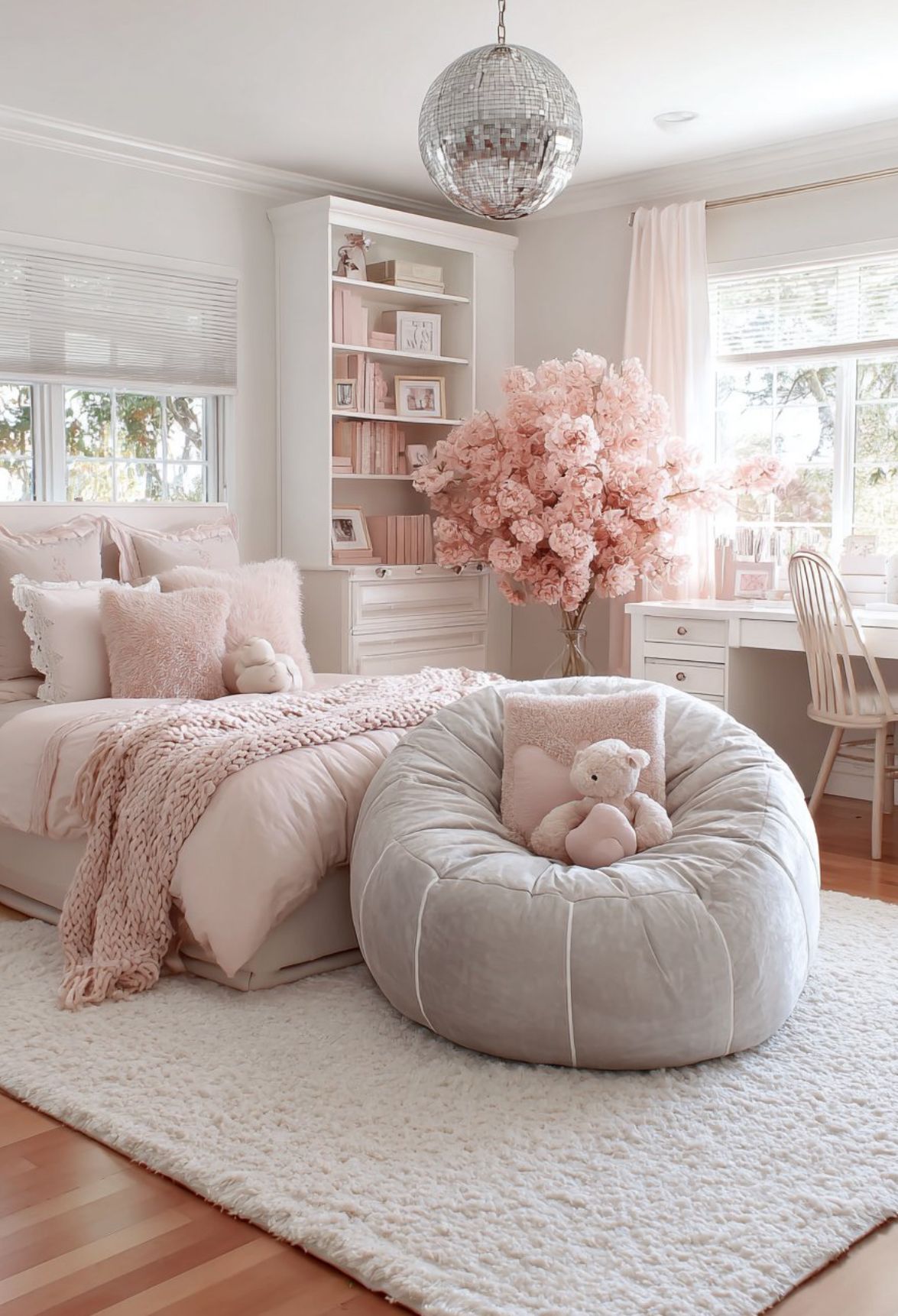 Teen girl bedroom with a cozy pastel bean bag chair in the corner