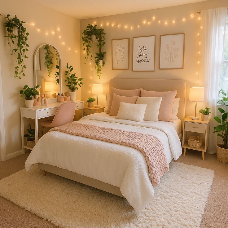 Small bedroom styled with beige walls and cream bedding