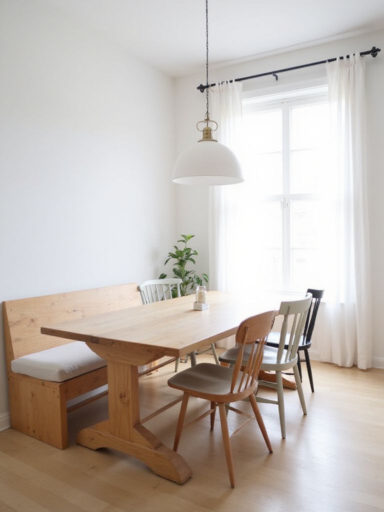 Small dining room with a wooden bench and chairs