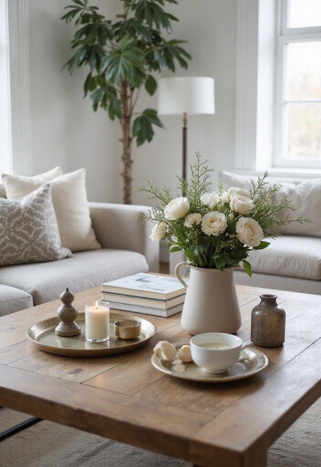 A small living room styled with coffee table books and candles.

