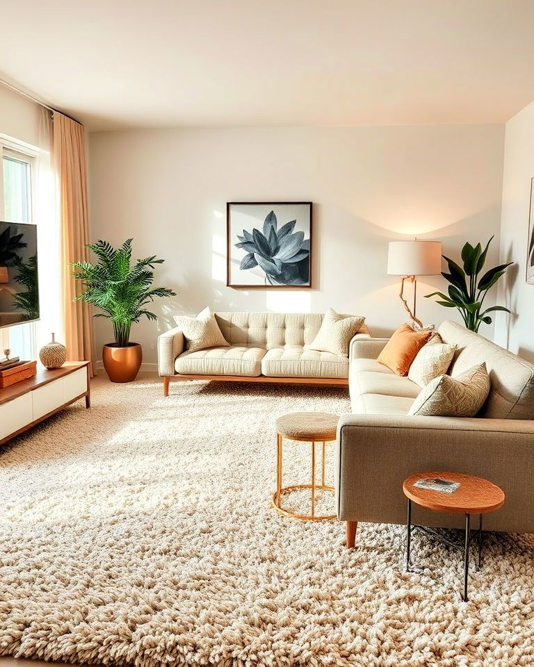Small living room with a textured area rug under the seating area.