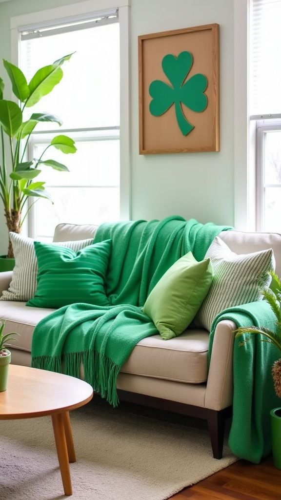 A cozy living room with a neutral sofa and sage green throw pillows layered with different textures.