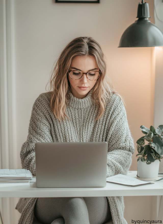 Person working productively in the morning on a laptop.”