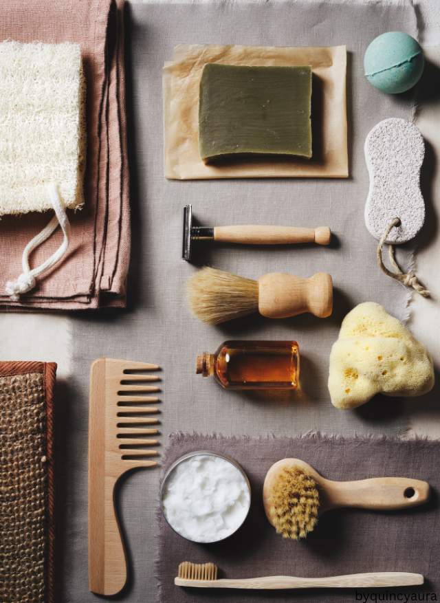 A men’s grooming kit arranged neatly on a countertop.