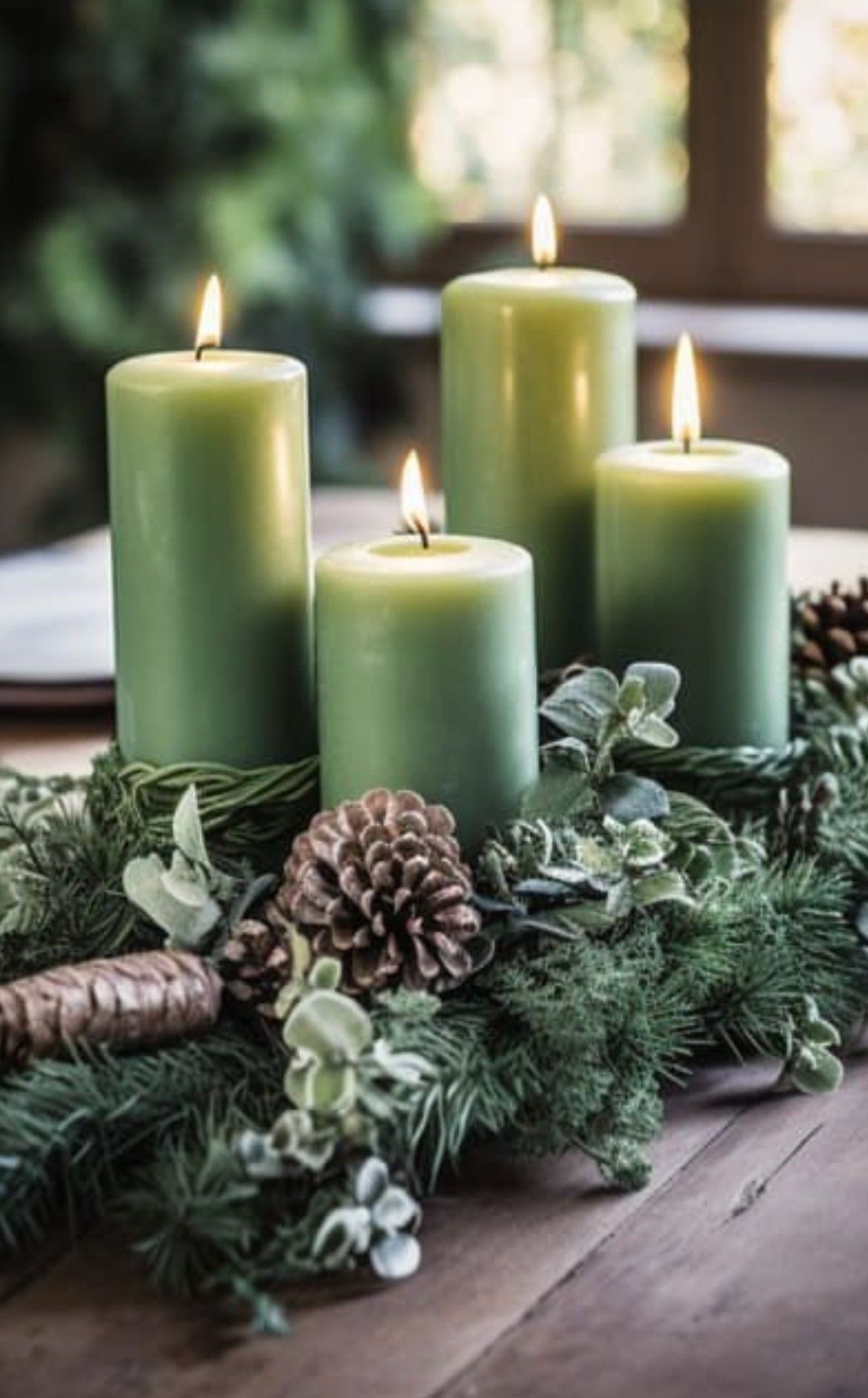 A tray with green candles of varying heights.