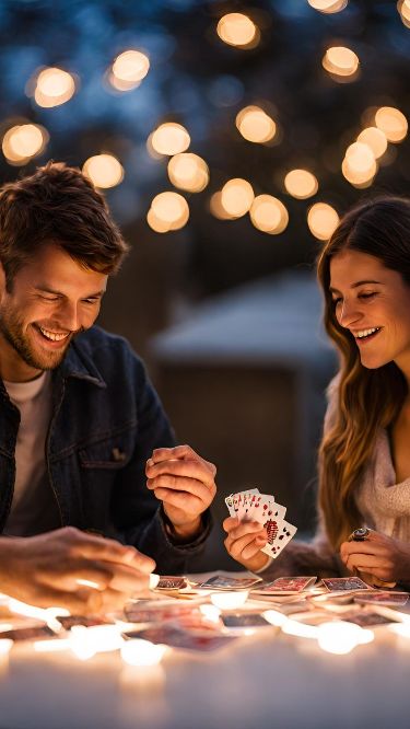 A couple laughing while playing a card game 