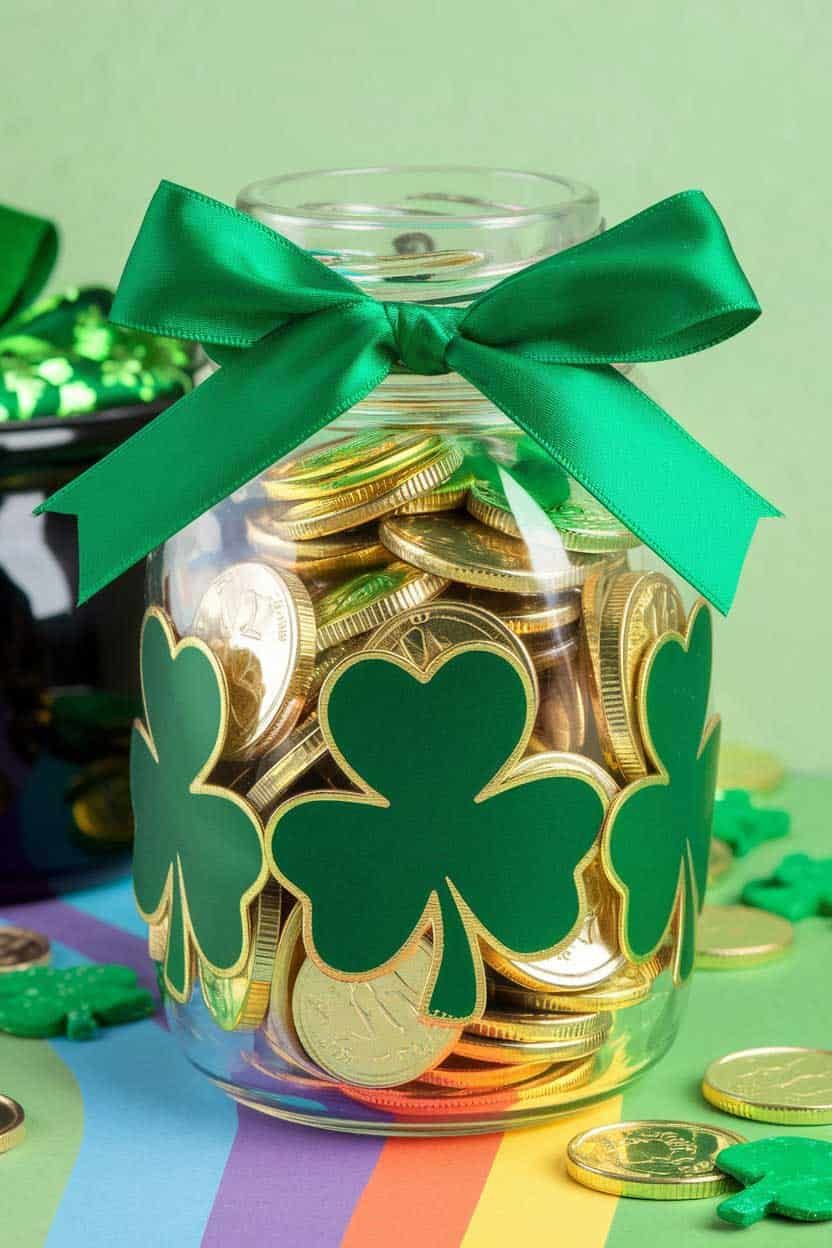 A glass jar tied with a green satin ribbon.