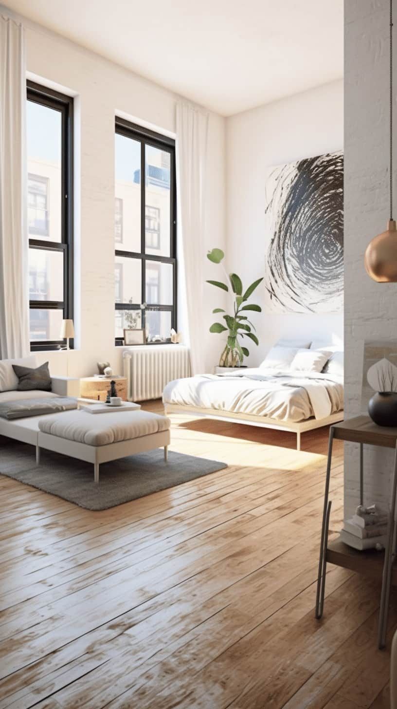 A studio apartment featuring a sofa and bed with visible legs and an open, airy layout.