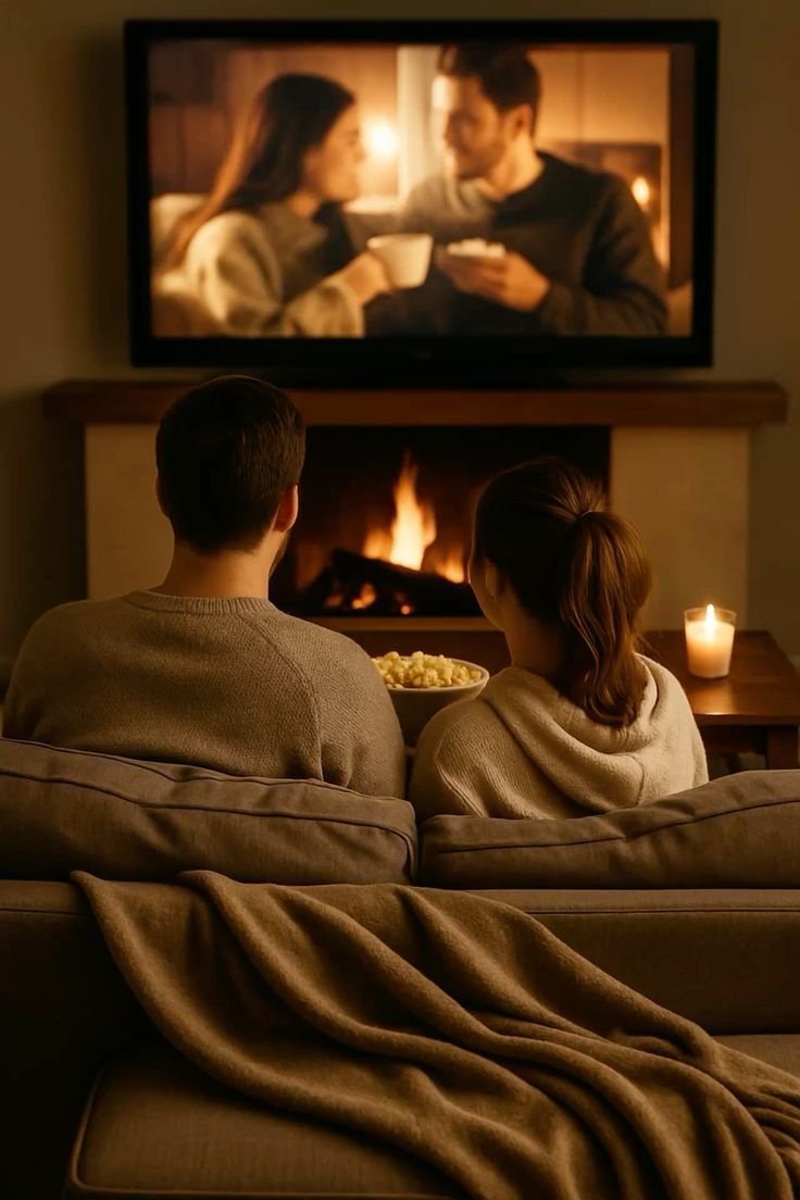 A couple on the couch with popcorn