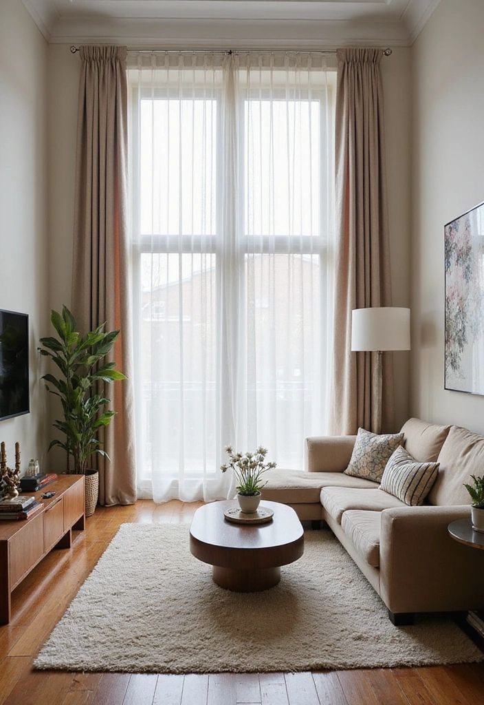 A small living room with floor-to-ceiling sheer curtains framing a window.