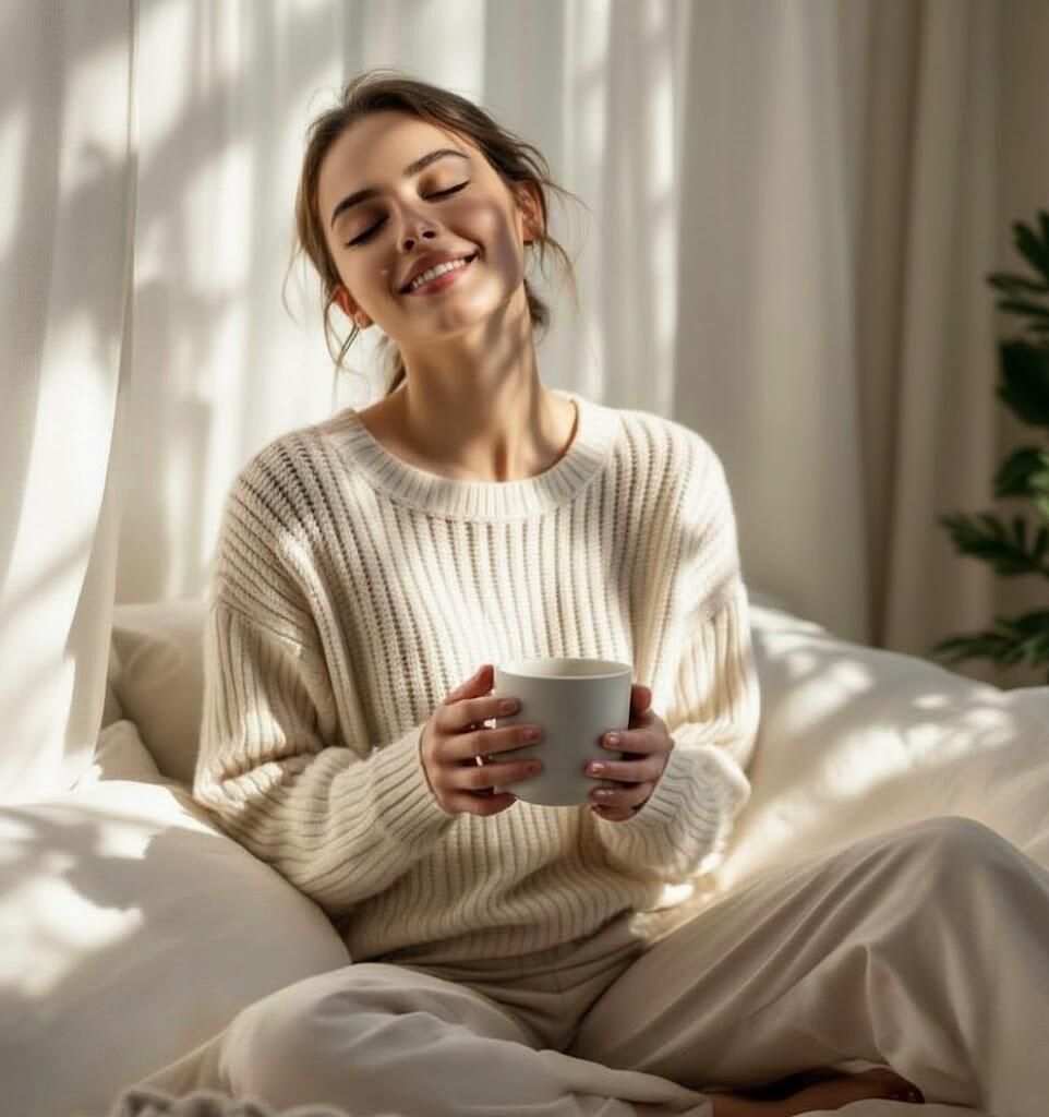 An image of a lady relaxing and taking a cup coffee