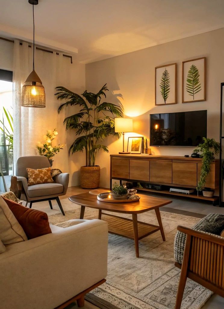 Small living room with light-colored walls, furniture, and décor accents.
