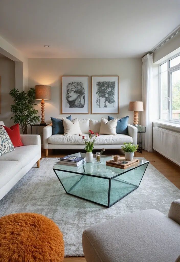 Small living room with a glass coffee table.