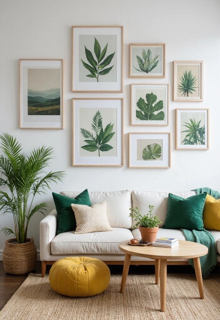 A cozy living room wall decorated with framed green botanical prints