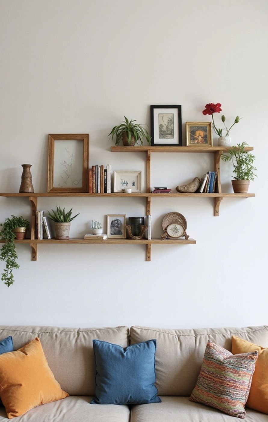 A small apartment living room with floating shelves styled with books, plants, and neutral décor.