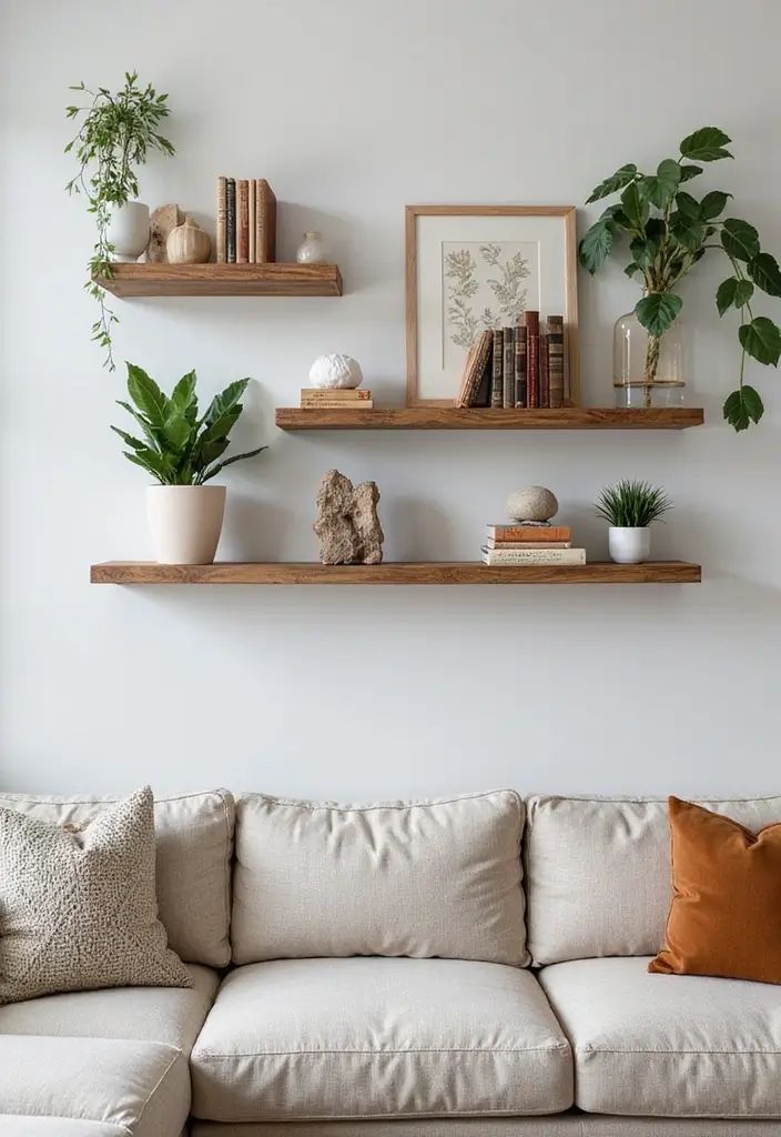 A small living room with floating shelves above a sofa, styled with books, vases, and framed photos.
