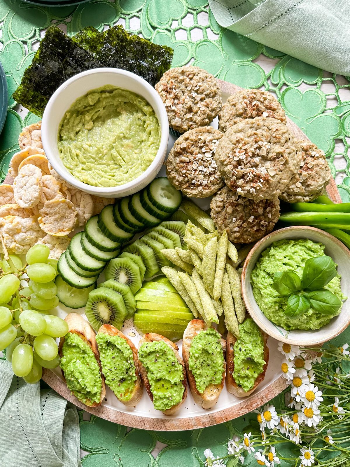  snacks arranged along a cozy St. Patrick’s Day table.