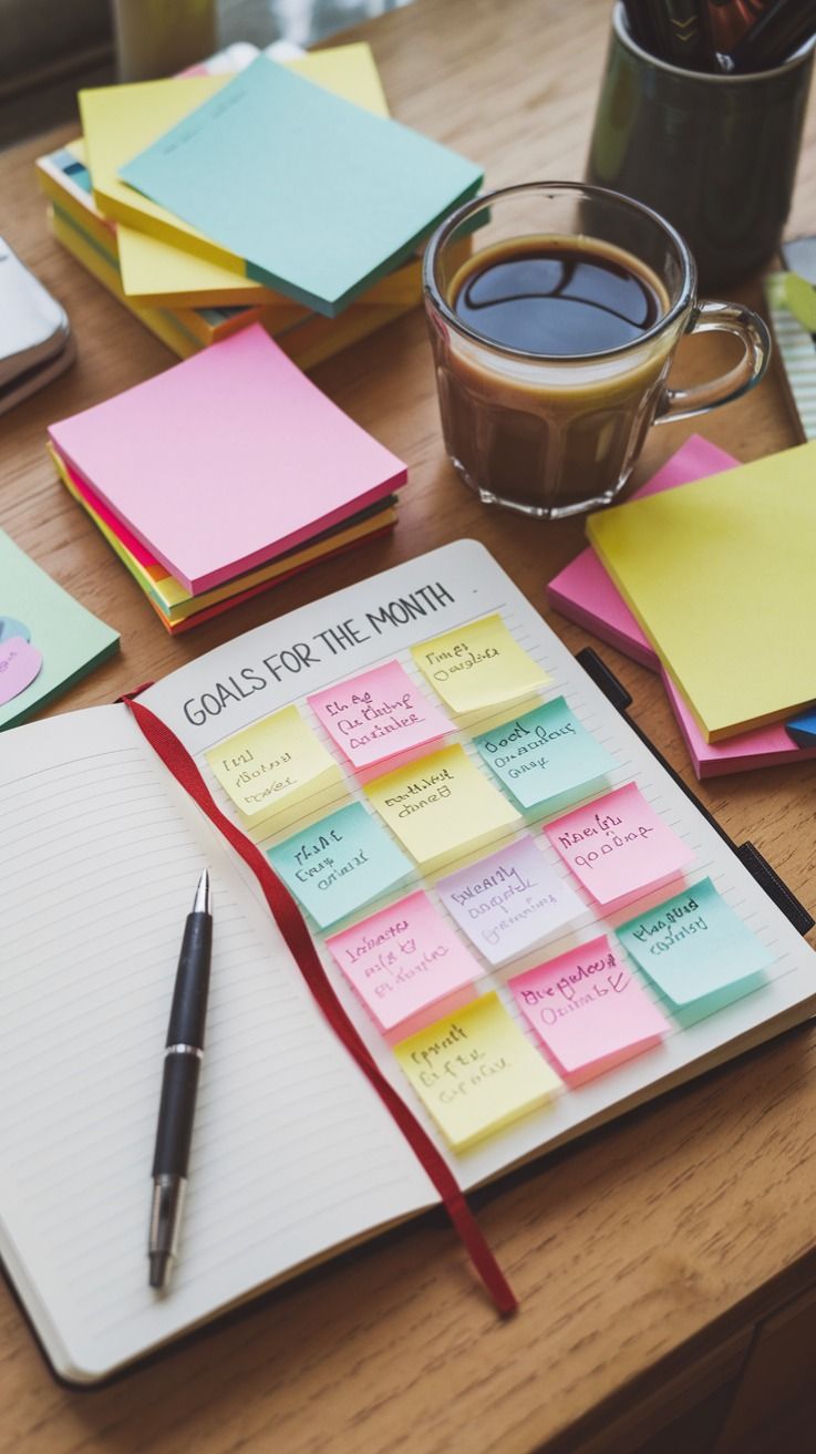 An image that shows sticky notes of goals for the month