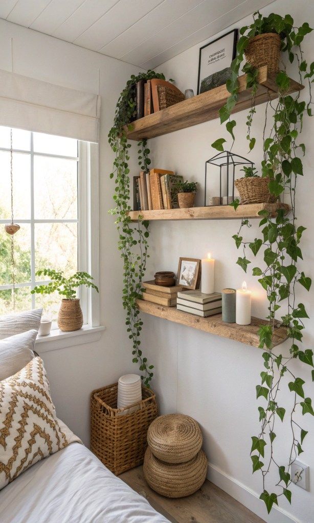 Cozy small bedroom decorated with a hanging plant for a lively feel