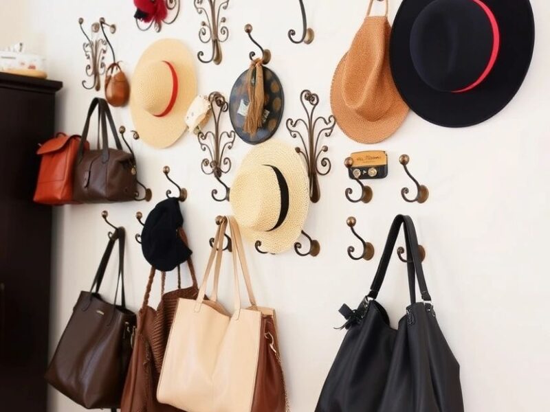 A small apartment wall styled with decorative hooks holding bags and hats.