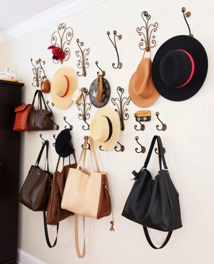 A small apartment wall styled with decorative hooks holding bags and hats.