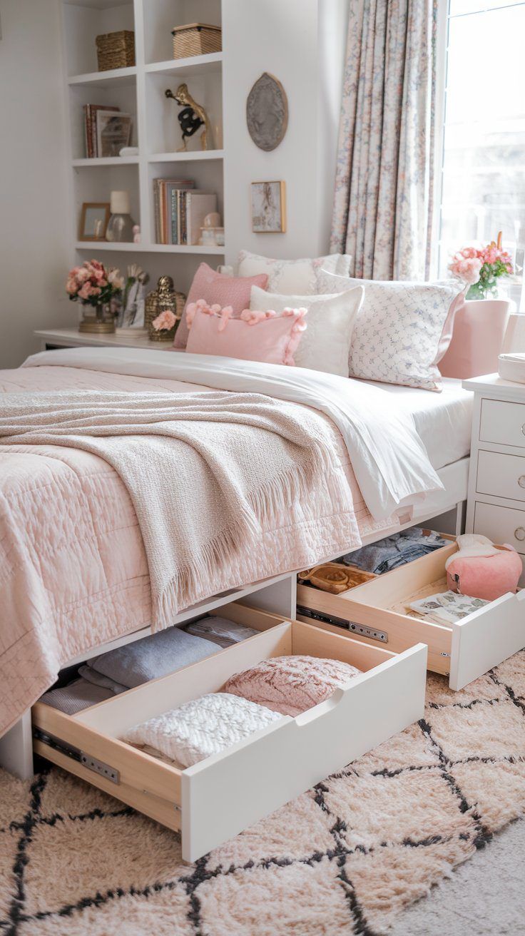 A studio apartment showing hidden storage solutions like  under-bed drawers.