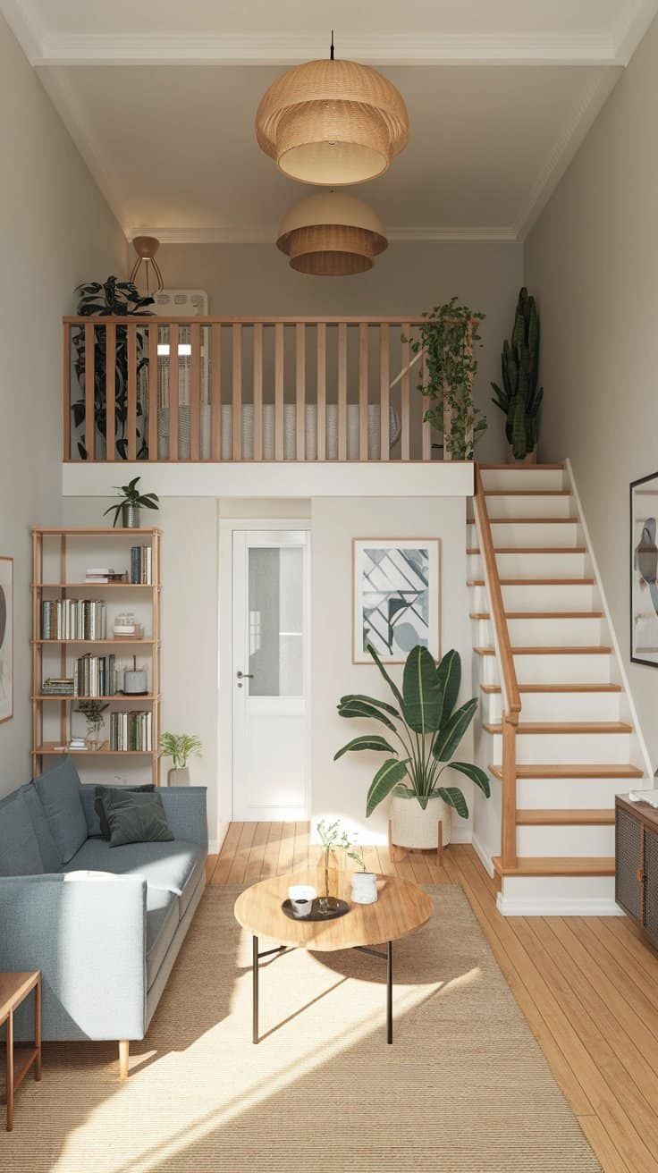 A studio apartment with an open layout, minimal furniture, and clear walking paths.