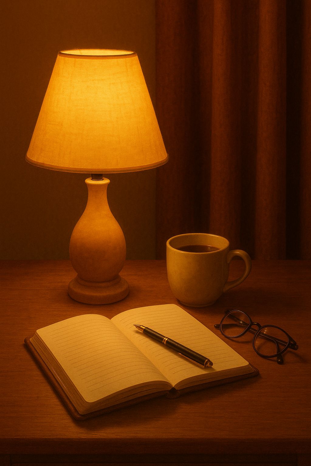 An image of a cozy journal, pen, and soft light on a bedside table