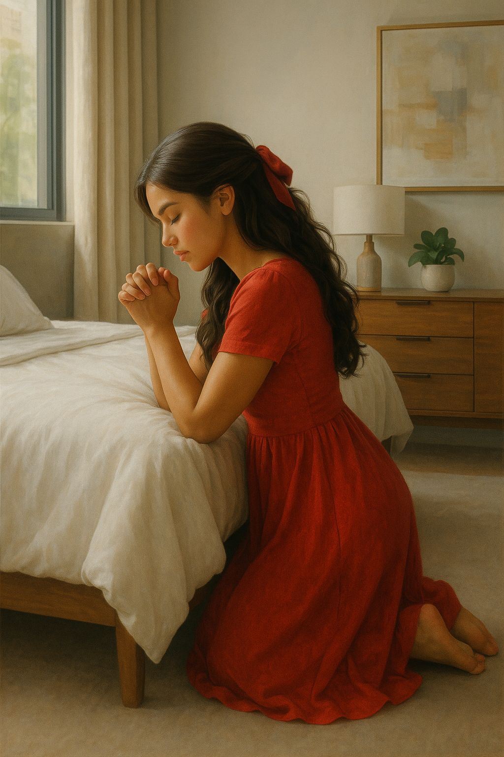 Hands clasped in prayer near a window with soft morning light