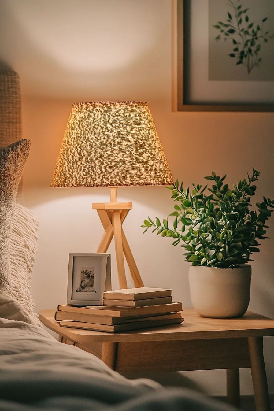 Nightstand with a candle and tiny plant on top